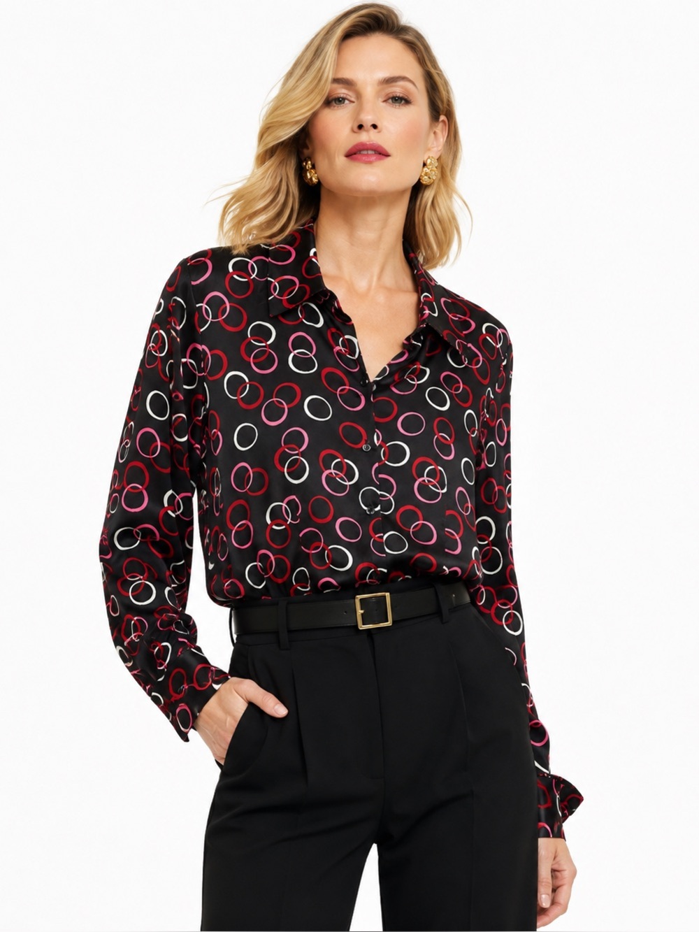 Style & Co. 100% Silk Circle Print Button Up Blouse Sz 12 Black Novelty Office